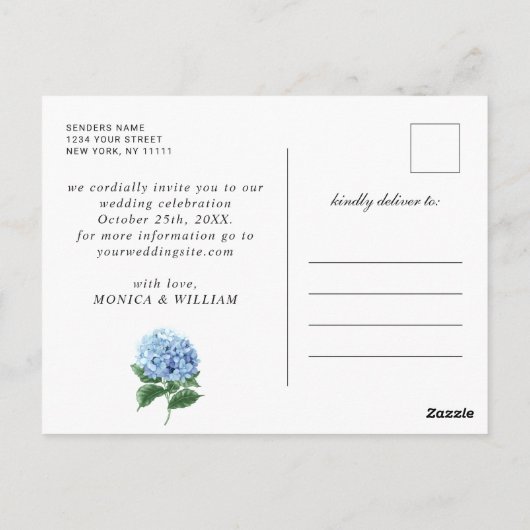 Carte Postale Lanterne Hydrangea Bleue Mariage Épargnez la Date (Dos)