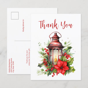Carte Postale Lanterne rouge de Noël Poinsettia Merci