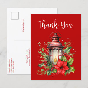 Carte Postale Lanterne rouge de Noël Poinsettia Merci