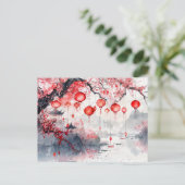 Carte Postale Lanternes d'aquarelle chinoises et arbres en fleur (Debout devant)