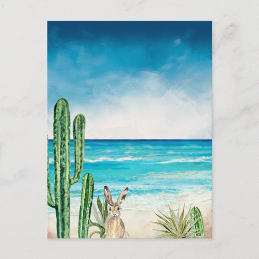 Carte Postale Lapin à l'aquarelle sur paysage de plage de cactus (Devant)