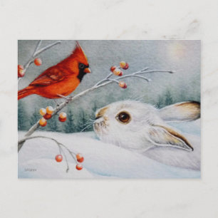 Carte Postale Lapin à neige et cardinal rouge - Art aquarelle