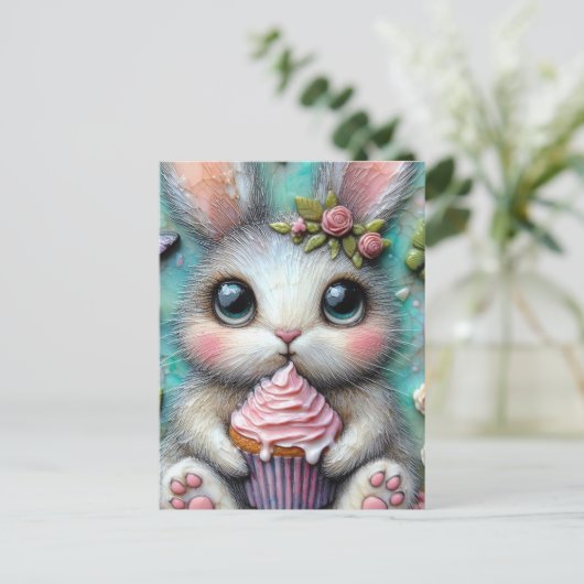 Carte Postale Lapin adorable avec un Cupcake (Debout devant)