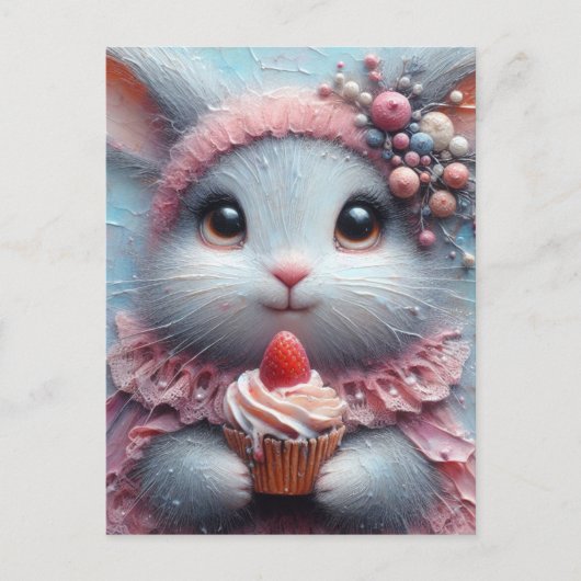 Carte Postale Lapin adorable avec un gâteau à la fraise (Devant)