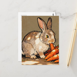 Carte Postale Lapin adorable mangeant des carottes