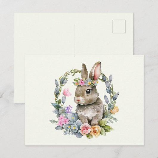 Carte Postale Lapin aquarelle avec couronne florale (Devant / Derrière)
