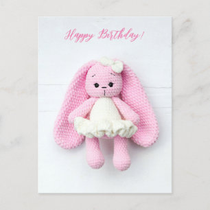 Carte Postale Lapin au Crochet Rose Kawaii – Joyeux Anniversaire