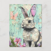 Carte Postale Lapin aux papillons et fleurs rose en média mixtes (Devant)