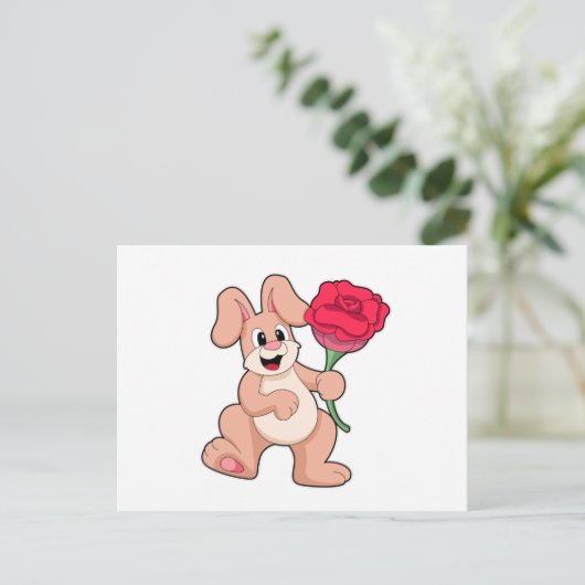 Carte Postale Lapin avec rose rouge (Debout devant)