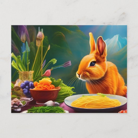 Carte Postale Lapin avec un bol plein de spaghettis (Devant)