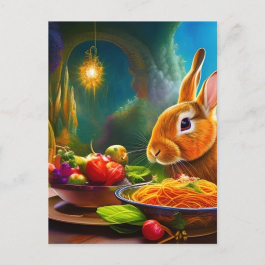 Carte Postale Lapin Avec Un Bowl De Spaghetti (Devant)