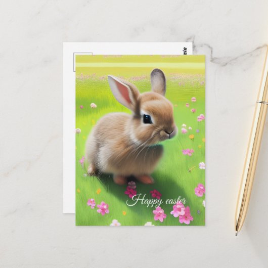 Carte Postale Lapin bébé mignon dans un pré fleuri (Devant/Arrière en situation)