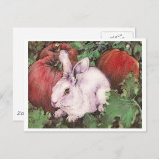 Carte Postale Lapin blanc dans le patch Citrouille (Devant / Derrière)