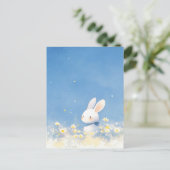 Carte Postale Lapin Blanc Douce dans Prairie Ciel Bleu (Debout devant)