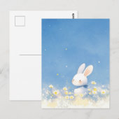 Carte Postale Lapin Blanc Douce dans Prairie Ciel Bleu (Devant / Derrière)