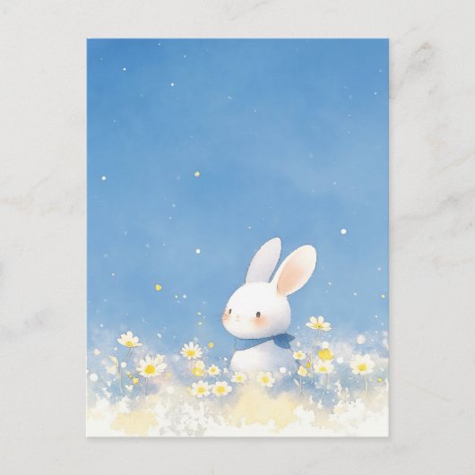 Carte Postale Lapin Blanc Douce dans Prairie Ciel Bleu (Devant)
