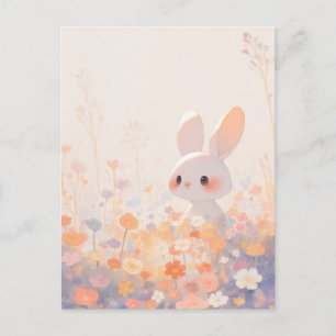 Carte Postale Lapin Blanc Douceur dans Prairie Pastel