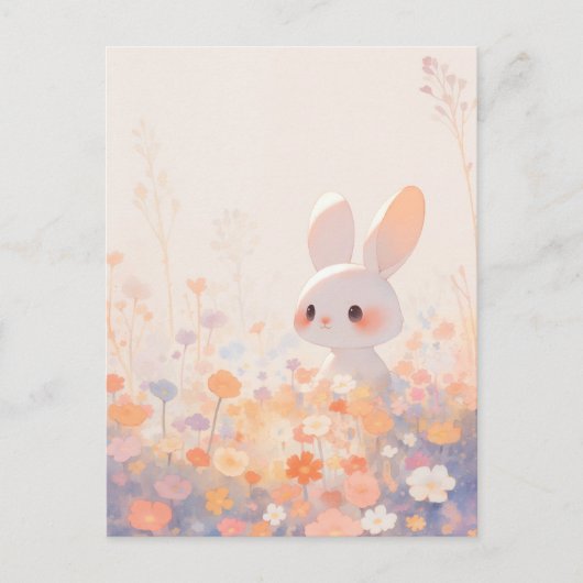 Carte Postale Lapin Blanc Douceur dans Prairie Pastel (Devant)