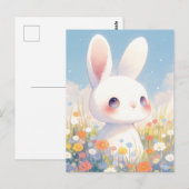 Carte Postale Lapin Blanc Doux dans Prairie Pastel (Devant / Derrière)