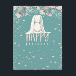 Carte Postale Lapin blanc & Fleurs | Joyeux anniversaire<br><div class="desc">Adorable carte postale d'anniversaire heureuse. Un lapin blanc assis sous une pluie de fleurs et de pétales en rose et turquoise.</div>