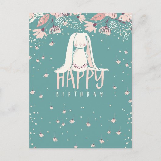 Carte Postale Lapin blanc & Fleurs | Joyeux anniversaire (Devant)