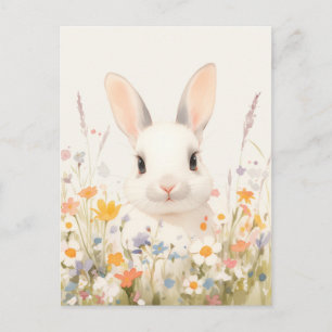 Carte Postale Lapin Blanc Mignon dans Prairie Printanière