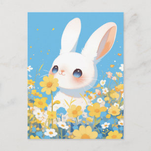 Carte Postale Lapin Blanc Mignon dans une Prairie Ensoleillée de