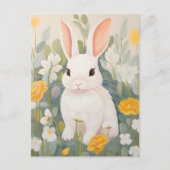 Carte Postale Lapin blanc parmi les fleurs printanières (Devant)