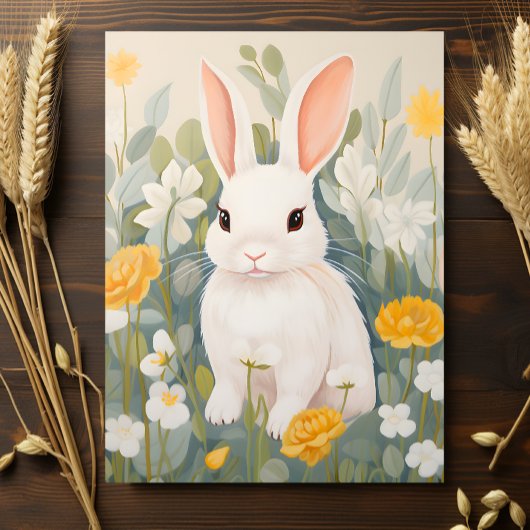 Carte Postale Lapin blanc parmi les fleurs printanières