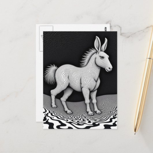 Carte Postale Lapin Cheval Créature Fantaisie Ridicule Noir et B (Devant/Arrière en situation)