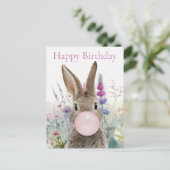 Carte Postale Lapin chewing-gum rose Joyeux anniversaire (Debout devant)