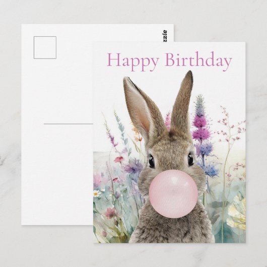 Carte Postale Lapin chewing-gum rose Joyeux anniversaire (Devant / Derrière)