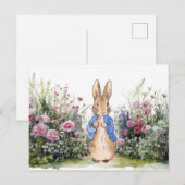 Carte Postale Lapin classique en bleu dans son jardin (Devant / Derrière)