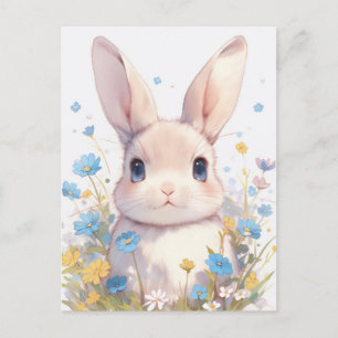 Carte Postale Lapin Crème Sucrée dans Prairie de Fleurs Sauvages