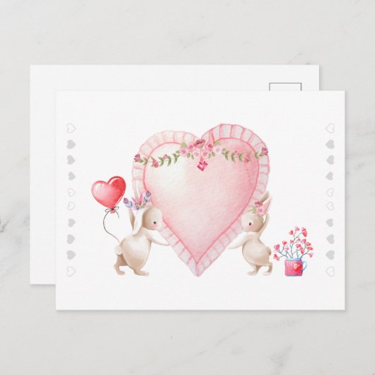 Carte Postale Lapin d'amour personnalisé à l'aquarelle douce (Devant / Derrière)