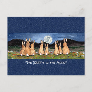 Carte Postale Lapin dans la lune Aquarelle Whimsical Art