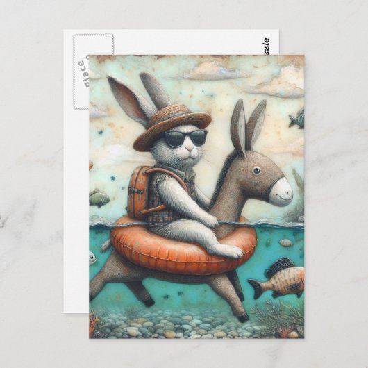 Carte Postale Lapin dans un Art numérique flottant à âne (Devant / Derrière)