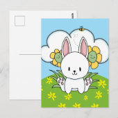 Carte Postale Lapin de dessin animé et fleurs heureuses (Devant / Derrière)