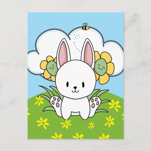 Carte Postale Lapin de dessin animé et fleurs heureuses (Devant)