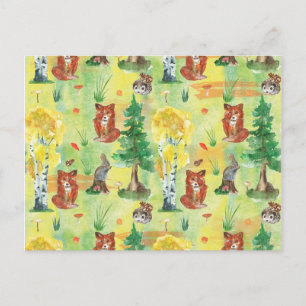 Carte Postale Lapin de forêt à l'aquarelle ,hérisson,renard