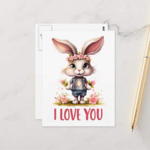 Carte Postale Lapin de la Saint-Valentin mignon drôle rose Je t'