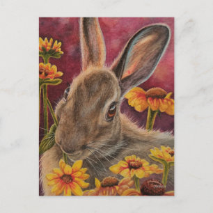Carte Postale Lapin de l'automne Fleurs jaunes Art à l'aquarelle