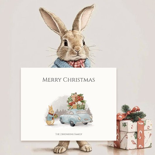 Carte Postale Lapin de Noël Pierre et Voiture