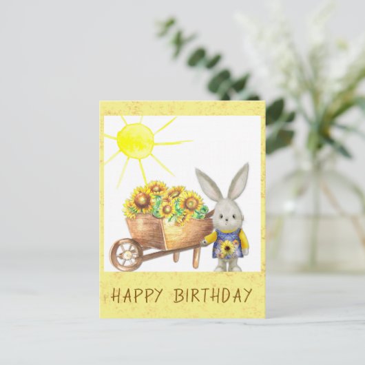 Carte Postale Lapin de Pâques au Tournesol Mignon Joyeux Anniver (Debout devant)