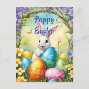 Carte Postale Lapin de Pâques blanc avec des oeufs colorés