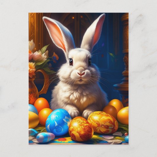 Carte Postale Lapin de Pâques blanc baroque avec œufs (Devant)