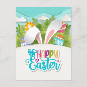 Carte Postale Lapin de Pâques Coloré et Joyeux avec Oreilles et