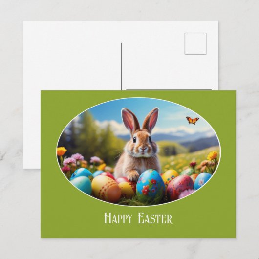 Carte Postale Lapin de Pâques dans le champ de fleurs illustrati (Devant / Derrière)