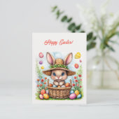Carte Postale Lapin de Pâques dans un panier d'oeufs peints Joye (Debout devant)