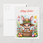 Carte Postale Lapin de Pâques dans un panier d'oeufs peints Joye (Devant / Derrière)